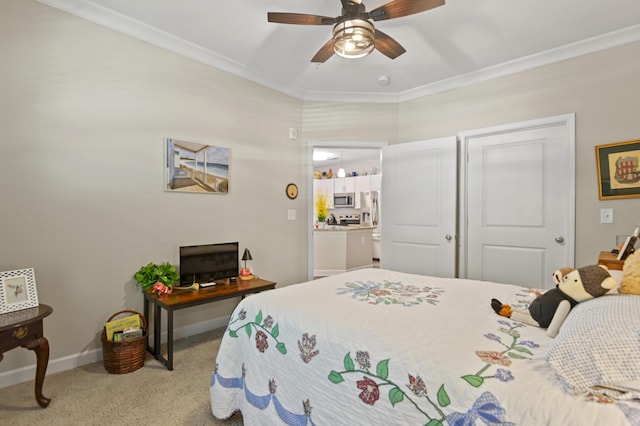 carpeted bedroom with baseboards, ornamental molding, and ceiling fan