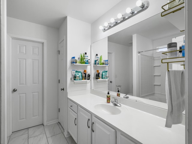 bathroom featuring washtub / shower combination and vanity