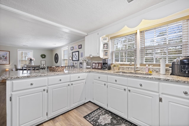 kitchen with kitchen peninsula, white cabinetry, ornamental molding, and sink