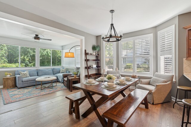 dining area with hardwood / wood-style floors and ceiling fan with notable chandelier