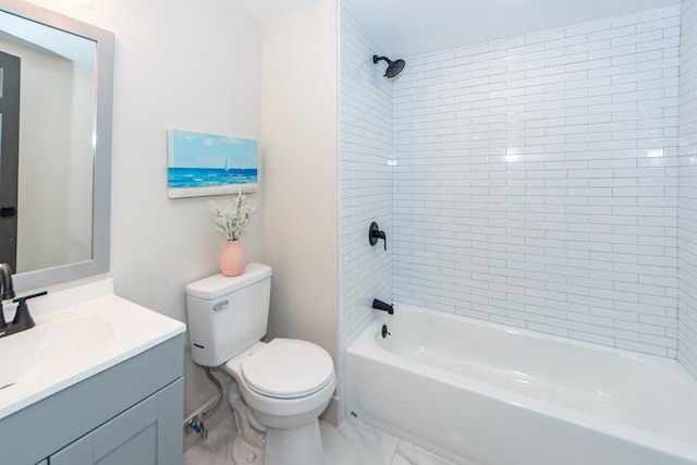 full bathroom with tiled shower / bath combo, vanity, and toilet