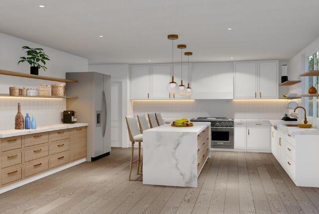 kitchen featuring hanging light fixtures, stainless steel appliances, white cabinetry, and open shelves