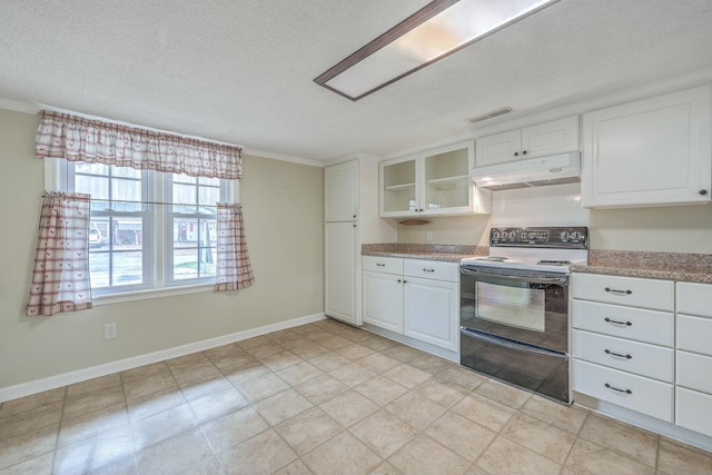 kitchen with under cabinet range hood, visible vents, white cabinets, electric range oven, and glass insert cabinets