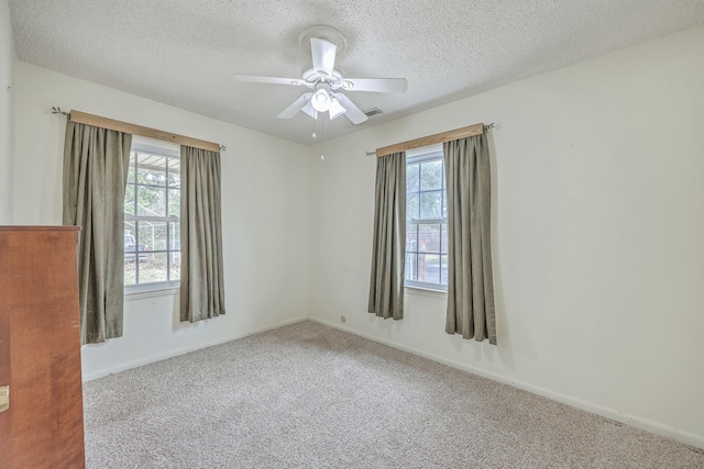 carpeted spare room featuring a ceiling fan, a wealth of natural light, and a textured ceiling