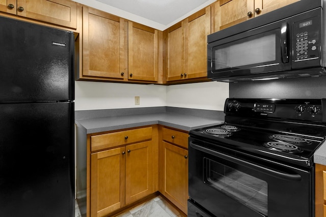 7950 Parklane Ct Unit C, North Charleston, SC 29418 - kitchen with black appliances, dark countertops, brown cabinets, and light marble finish floors