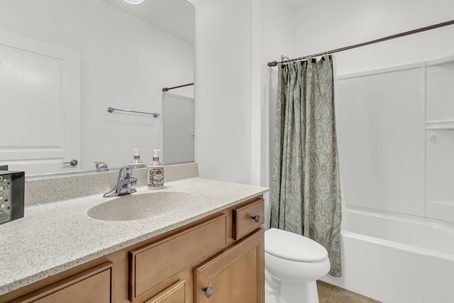 full bathroom with vanity, shower / bathtub combination with curtain, tile patterned floors, and toilet