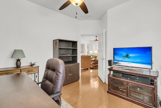 office featuring light hardwood / wood-style flooring and ceiling fan