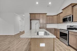 kitchen featuring light wood finished floors, a sink, recessed lighting, stainless steel appliances, and a kitchen island with sink