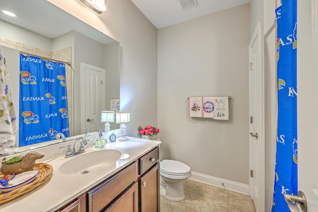 full bath with tile patterned flooring, visible vents, toilet, vanity, and baseboards