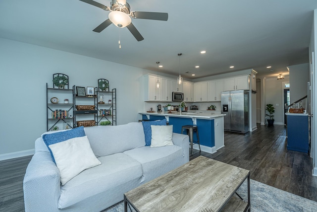618 Ravensridge Ln, Moncks Corner, SC 29461 - living room featuring baseboards, recessed lighting, dark wood-style flooring, and a ceiling fan