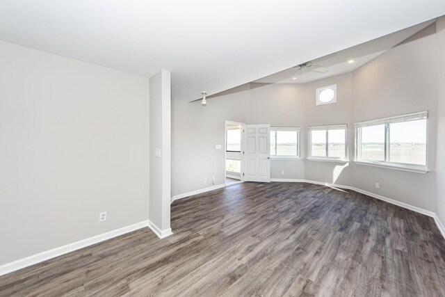 142 Marsh View Villas, Folly Beach, SC 29439 - empty room featuring a ceiling fan, dark wood-type flooring, baseboards, high vaulted ceiling, and recessed lighting