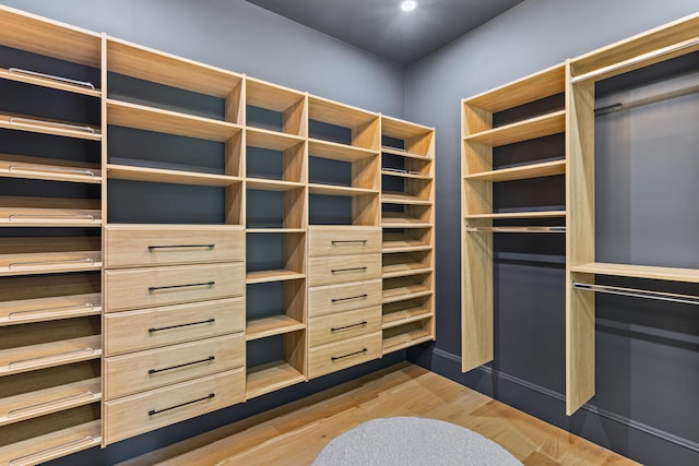 walk in closet with wood-type flooring