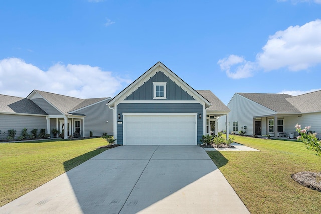 view of front of home featuring a garage, concrete driveway, board and batten siding, and a front yard