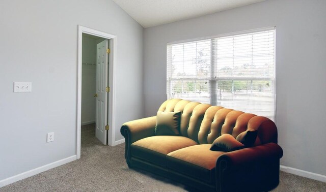 sitting room with lofted ceiling and carpet floors