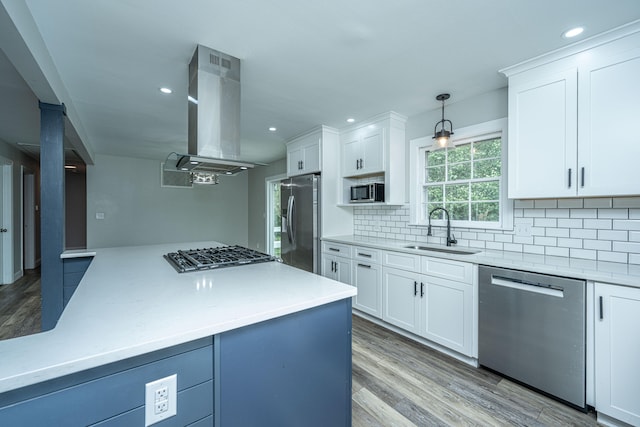 kitchen with stainless steel appliances, white cabinetry, island range hood, and sink