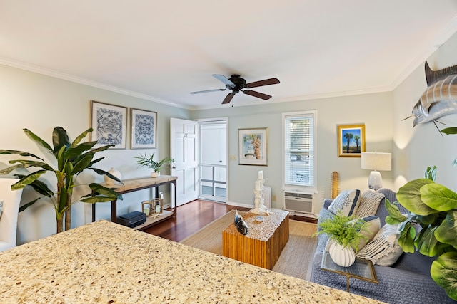 interior space with a wall mounted AC, ceiling fan, dark hardwood / wood-style floors, and ornamental molding