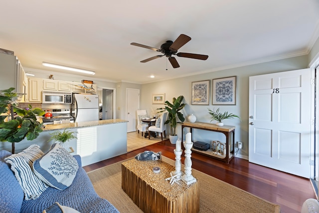 living room featuring ceiling fan, crown molding, and dark wood-type flooring