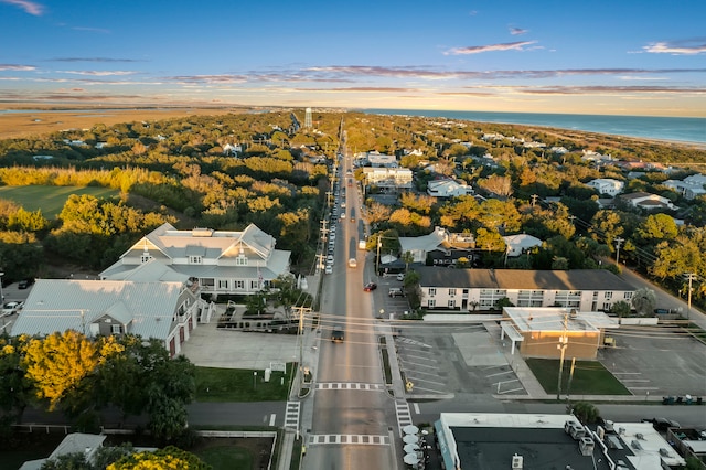 aerial view at dusk featuring a water view