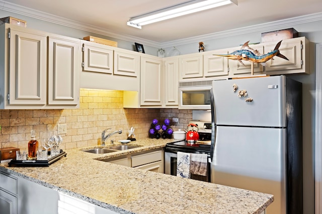 kitchen featuring crown molding, sink, stainless steel appliances, and light stone counters