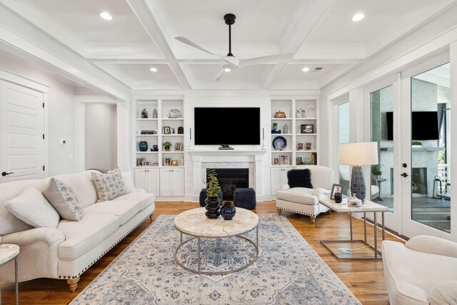 3858 Sawyers Island Dr, Mount Pleasant, SC 29466 - living room with coffered ceiling, beamed ceiling, wood finished floors, and ceiling fan