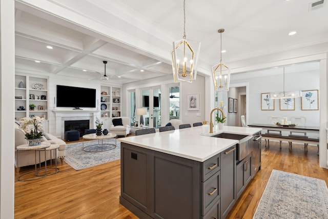3858 Sawyers Island Dr, Mount Pleasant, SC 29466 - kitchen with coffered ceiling, light countertops, light wood finished floors, gray cabinetry, and visible vents