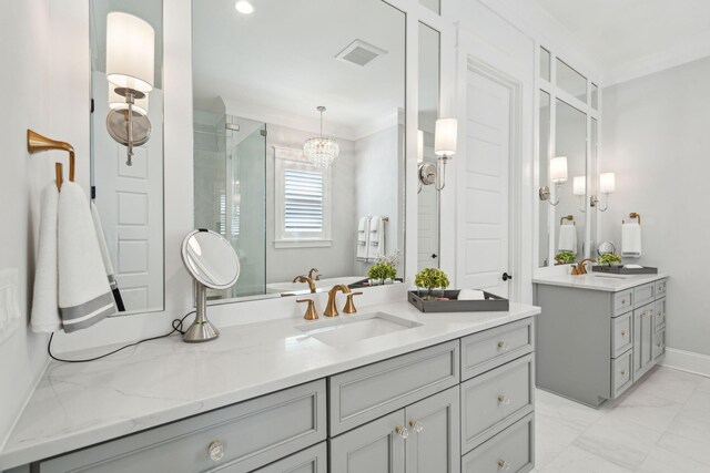 3858 Sawyers Island Dr, Mount Pleasant, SC 29466 - full bathroom with a stall shower, a sink, a chandelier, marble finish floor, and visible vents