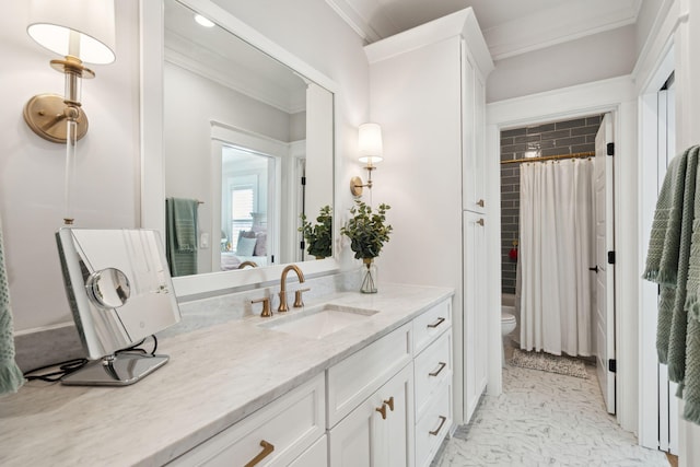 3858 Sawyers Island Dr, Mount Pleasant, SC 29466 - full bath featuring toilet, vanity, a shower with curtain, marble finish floor, and ornamental molding