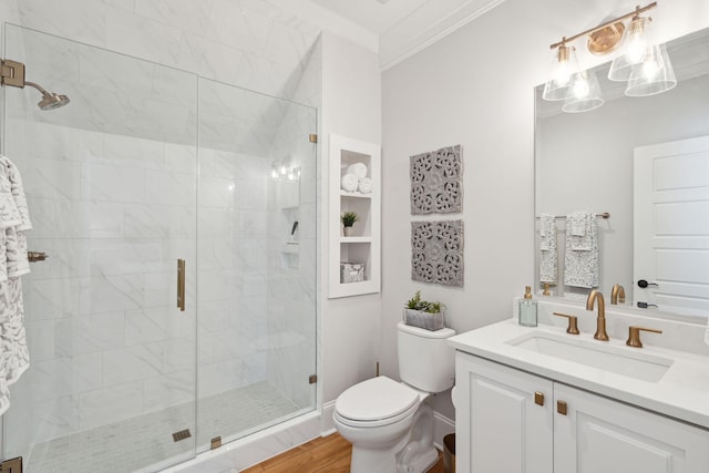 3858 Sawyers Island Dr, Mount Pleasant, SC 29466 - bathroom featuring toilet, vanity, a stall shower, and crown molding