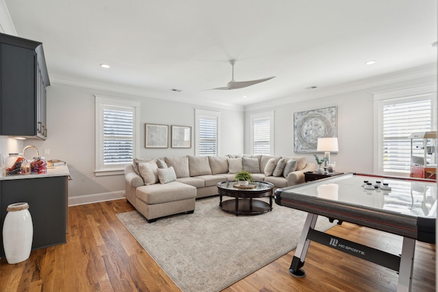 3858 Sawyers Island Dr, Mount Pleasant, SC 29466 - living area featuring crown molding, baseboards, light wood finished floors, and ceiling fan