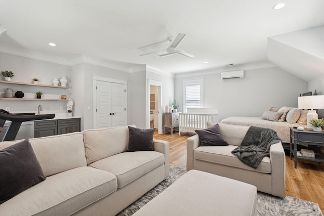 3858 Sawyers Island Dr, Mount Pleasant, SC 29466 - bedroom with light wood-style floors, ornamental molding, a wall mounted air conditioner, and ceiling fan