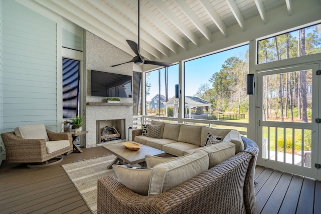 3858 Sawyers Island Dr, Mount Pleasant, SC 29466 - sunroom / solarium with an outdoor living space with a fireplace, ceiling fan, beamed ceiling, and a wealth of natural light