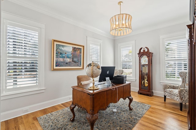 3858 Sawyers Island Dr, Mount Pleasant, SC 29466 - office space with baseboards, ornamental molding, an inviting chandelier, and light wood-style floors