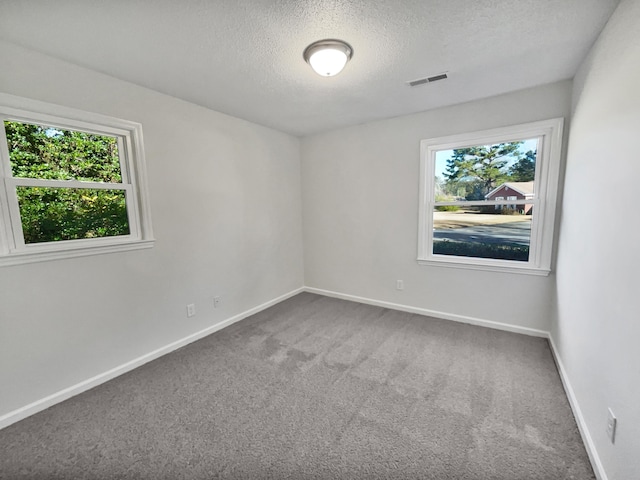 carpeted empty room featuring a textured ceiling