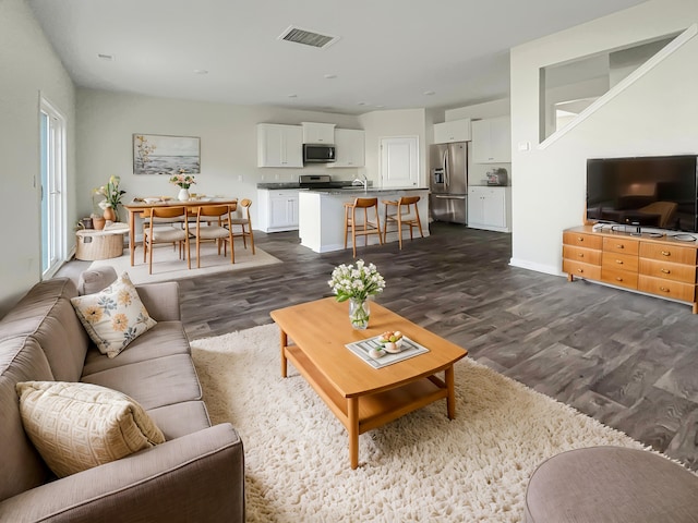 living room with dark hardwood / wood-style flooring and sink