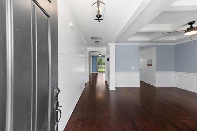 158 Netherfield Dr, Summerville, SC 29486 - entrance foyer with ceiling fan, crown molding, ornate columns, dark wood-type flooring, and beam ceiling