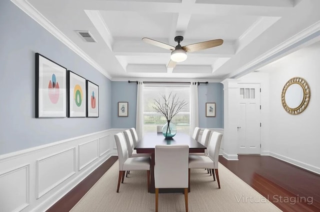 158 Netherfield Dr, Summerville, SC 29486 - dining area with a ceiling fan, dark wood-style floors, ornamental molding, coffered ceiling, and wainscoting