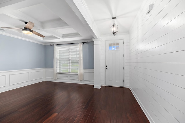 158 Netherfield Dr, Summerville, SC 29486 - foyer entrance featuring beamed ceiling, coffered ceiling, dark wood finished floors, ceiling fan, and wainscoting