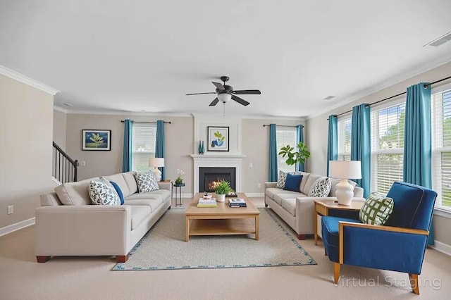 158 Netherfield Dr, Summerville, SC 29486 - living area featuring a ceiling fan, plenty of natural light, a large fireplace, crown molding, and stairs