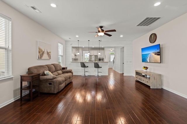 1870 Gammon St, Charleston, SC 29414 - living area with a ceiling fan, dark wood finished floors, baseboards, and recessed lighting