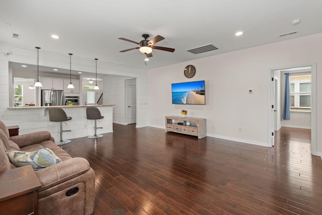 1870 Gammon St, Charleston, SC 29414 - living room featuring a ceiling fan, baseboards, dark wood-style flooring, and recessed lighting