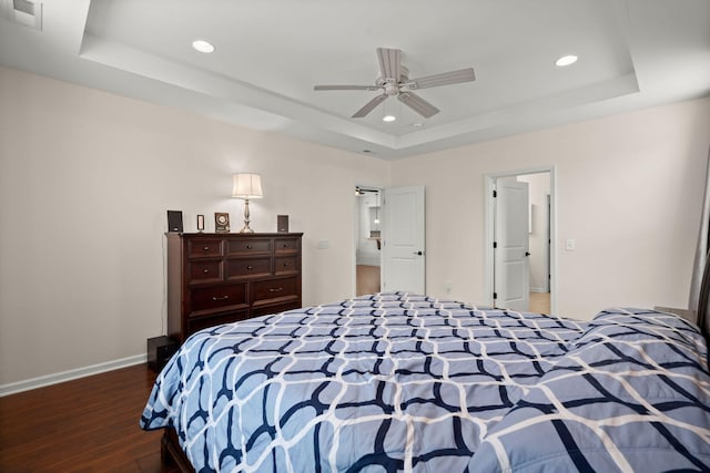 1870 Gammon St, Charleston, SC 29414 - bedroom with a tray ceiling, wood finished floors, recessed lighting, baseboards, and ceiling fan
