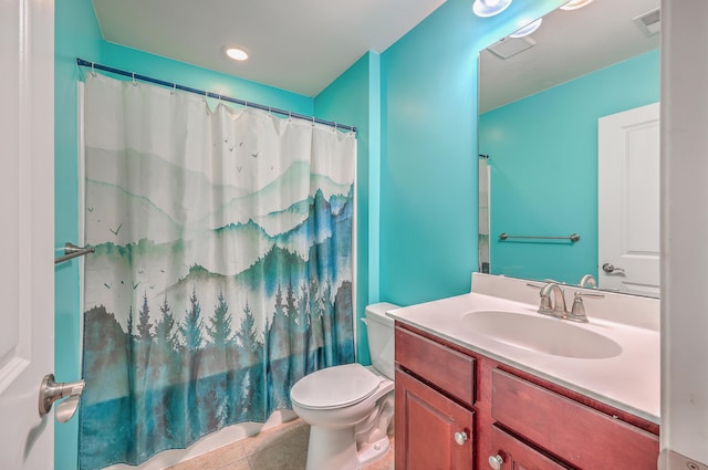 bathroom with walk in shower, vanity, toilet, and tile patterned floors