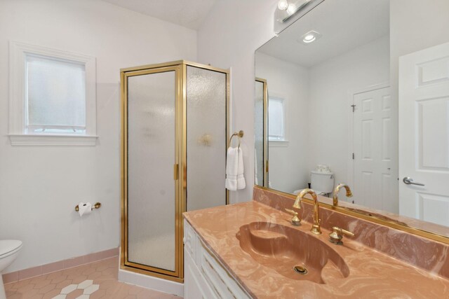 505 E Arctic Ave, Folly Beach, SC 29439 - full bathroom with vanity, a stall shower, and tile patterned floors