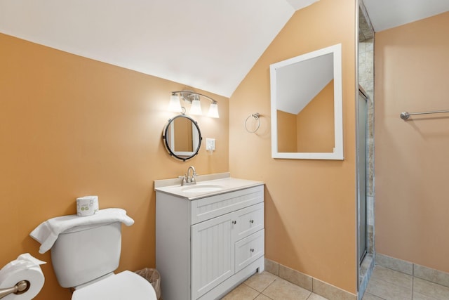 505 E Arctic Ave, Folly Beach, SC 29439 - full bathroom featuring lofted ceiling, vanity, tile patterned floors, and a shower with door