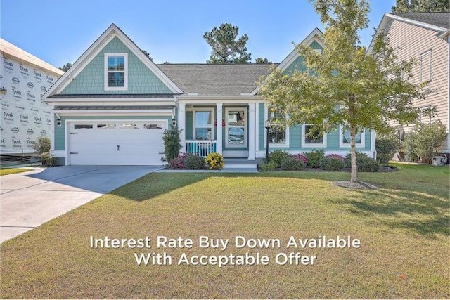 craftsman-style home with a garage, a front lawn, and covered porch