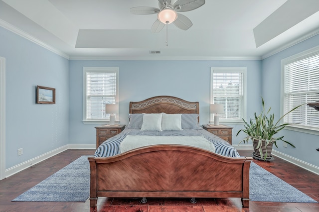 bedroom with a raised ceiling, dark hardwood / wood-style flooring, and multiple windows