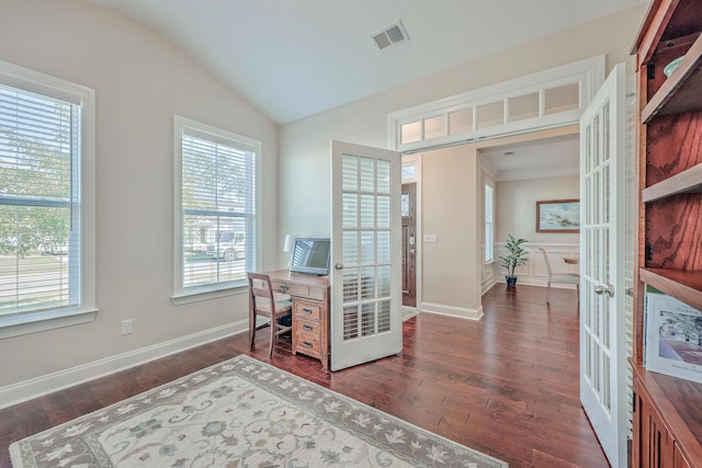 office area featuring french doors, lofted ceiling, and dark hardwood / wood-style floors