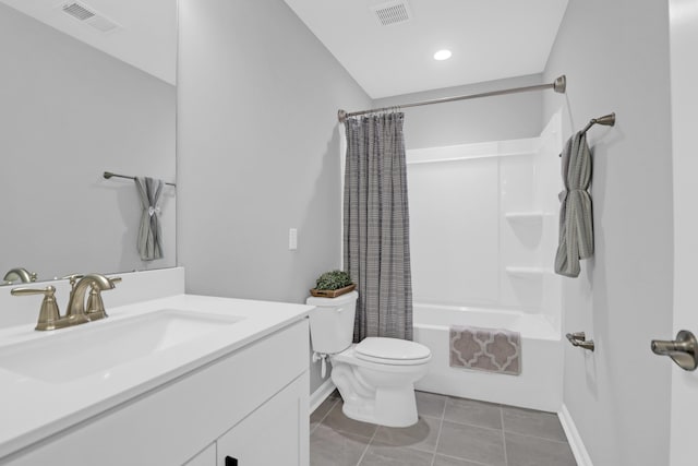 bathroom featuring toilet, tile patterned floors, visible vents, and shower / bath combination with curtain