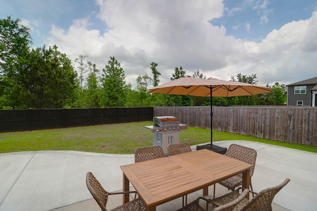 view of patio featuring area for grilling, a fenced backyard, and outdoor dining space