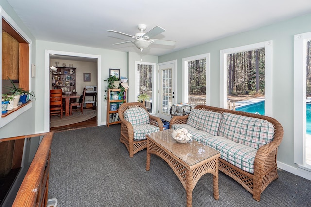 interior space featuring ceiling fan